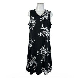 Van Heusen Sleeveless Shift Dress Medium Black White Floral V-Neck Office Casual